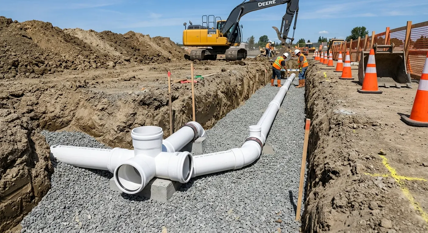 New PVC sewer pipe installation in open trench for Commercial Drain Cleaning in Red Hill