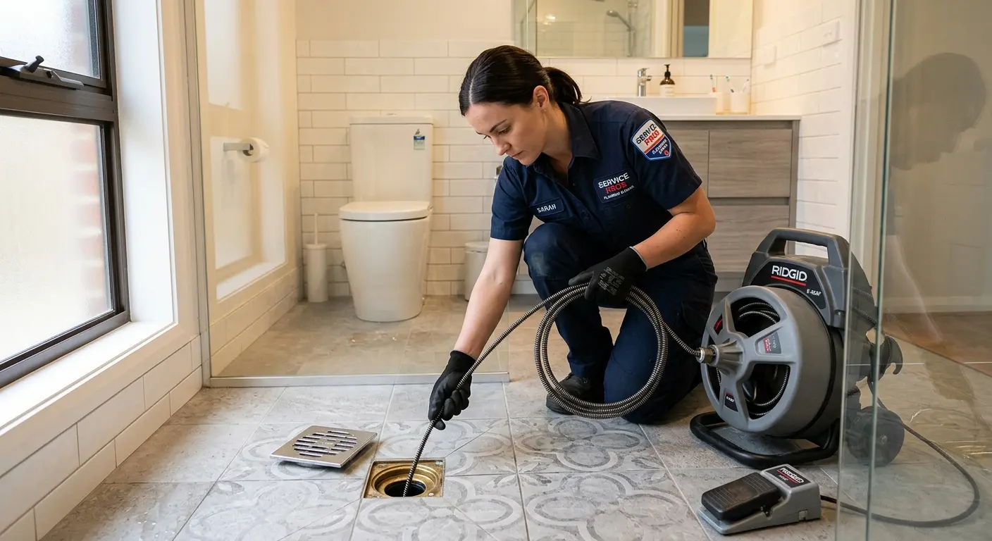 Technician clearing a bathroom floor drain for Hydro Jetting in Red Hill